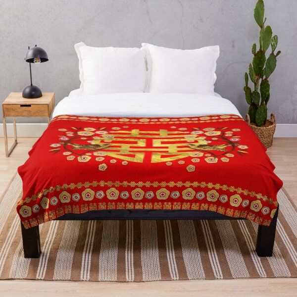 Gold Double Happiness Symbol with flowers and birds Throw Blanket