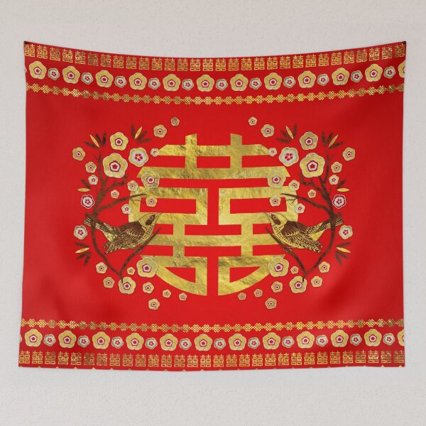 Item preview, Gold Double Happiness Symbol with flowers and birds designed and sold by k9printart.