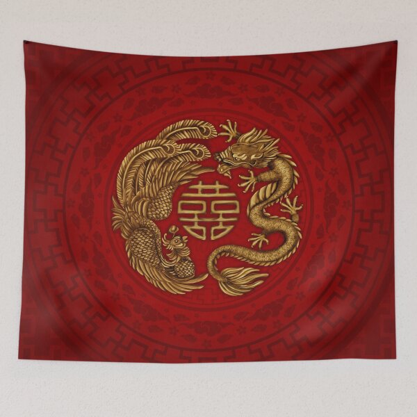 Item preview, Gold Double Happiness Symbol with Phoenix and Dragon  designed and sold by k9printart.