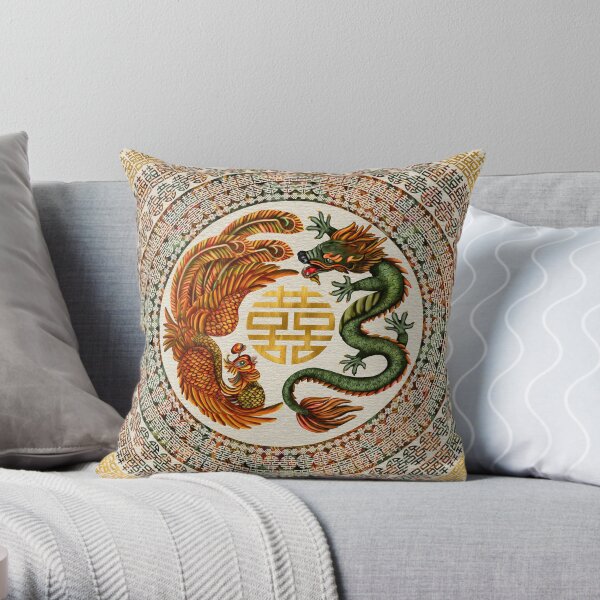 Double Happiness Symbol with Phoenix and Dragon Throw Pillow