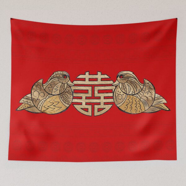 Item preview, Gold Double Happiness Symbol with Mandarin Ducks designed and sold by k9printart.
