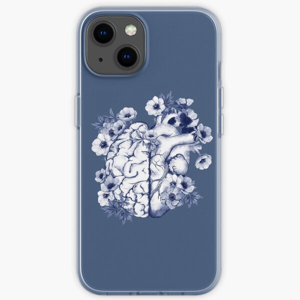Right balance between head and brain or heart, blue flowers anemoneus, watercolor style iPhone Soft Case