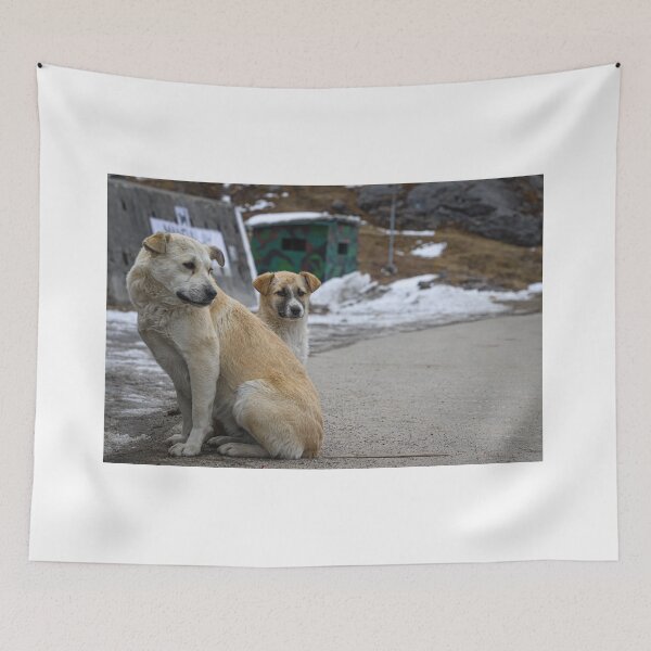 Item preview, Two street dogs -a mother dog and a puppy standing beside the road in front of snowy mountain in Sikkim, India designed and sold by FCEalin.