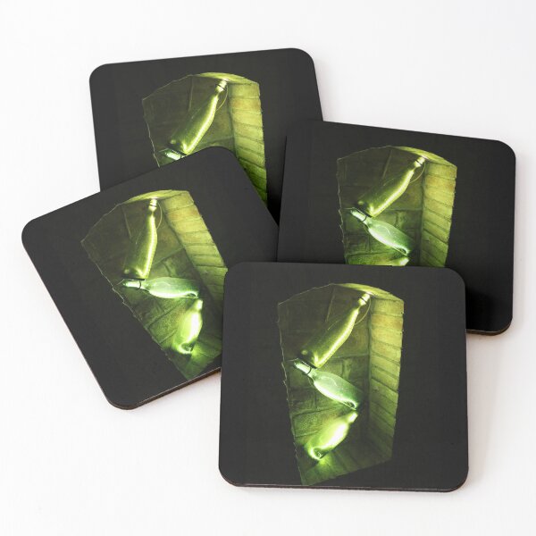 Item preview, Green light in wine bottles in sparkling wine cellar designed and sold by wineandwords.