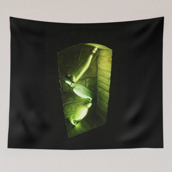 Item preview, Green light in wine bottles in sparkling wine cellar designed and sold by wineandwords.