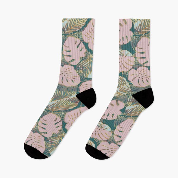 Item preview, Patrón de hojas de palmera y monstruo en rosas, verdes y dorados designed and sold by Julie Pickering.