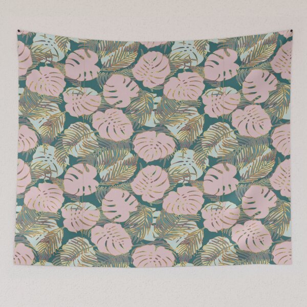 Item preview, Palm and Monster Leaves Pattern in Pinks, Green and Gold designed and sold by Julie Pickering.