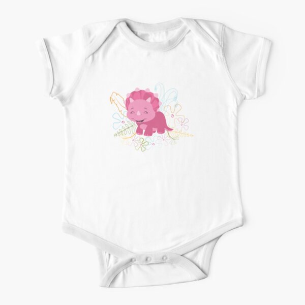 Dinamic Girls Collection - Pink Dinosaur Girl with Flowers Short Sleeve Baby One-Piece