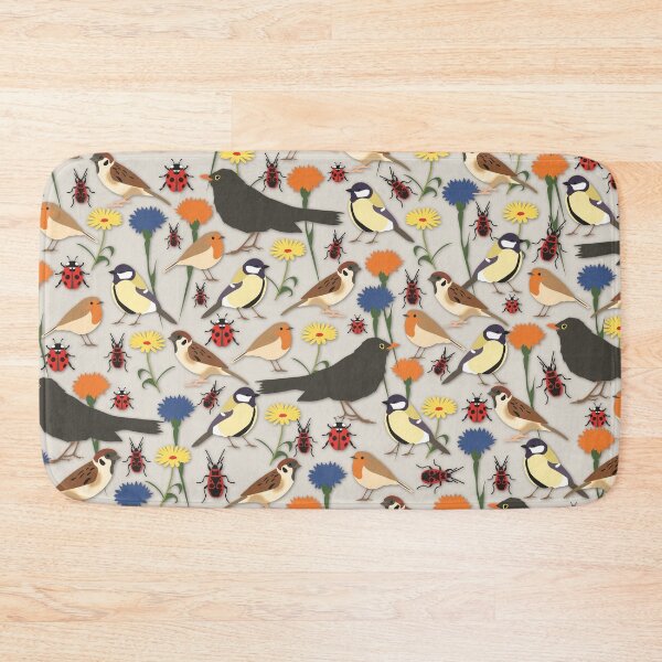Item preview, Garden inspired colorful pattern with blackbirds, tom-tits, robins, sparrows, wild flowers ladybugs and firebugs with simple beige background designed and sold by CiniArt.