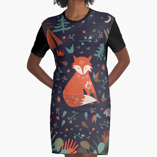 Camping With Fox Graphic T-Shirt Dress