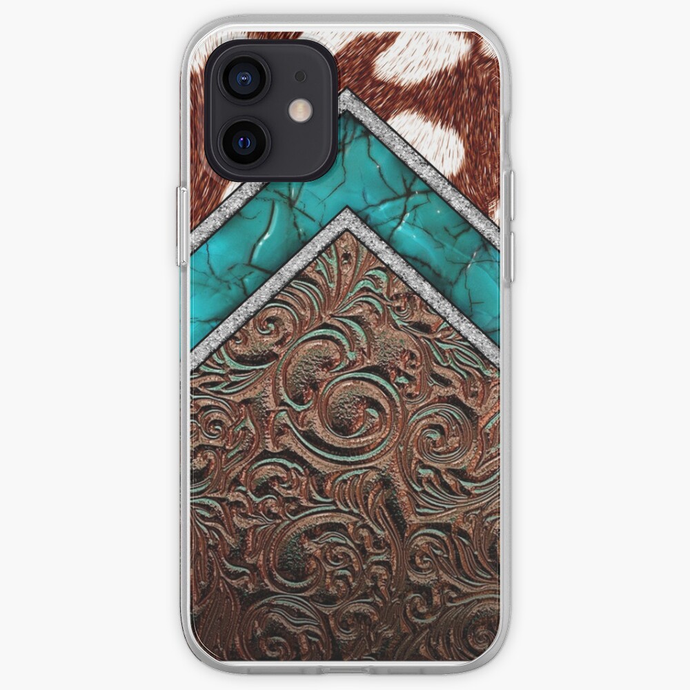 "Western Cowgirl Pattern Cowhide Turquoise and Tooled Leather" iPhone Case & Cover by