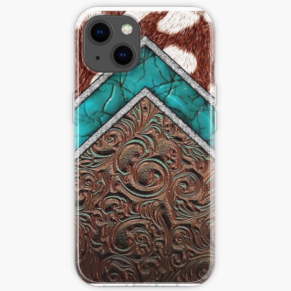 Western Cowgirl Pattern Cowhide Turquoise and Tooled Leather iPhone Soft Case