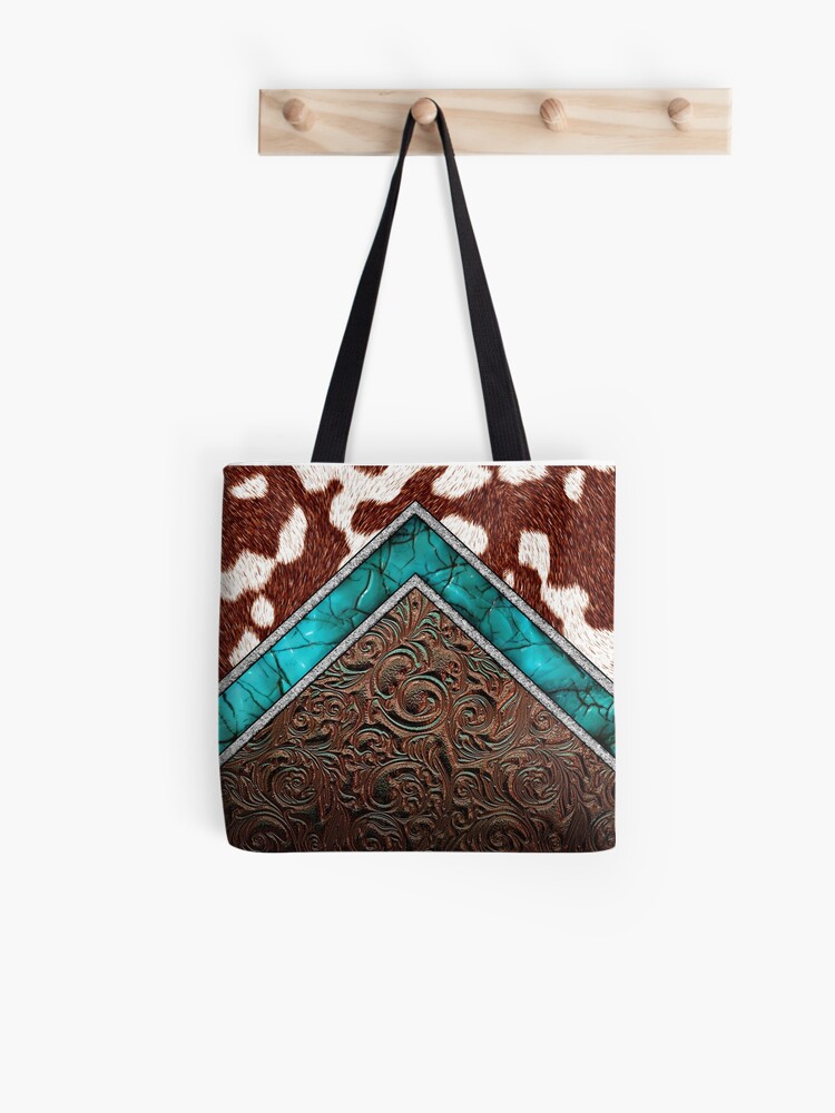 Western Cowgirl Pattern Cowhide Turquoise and Tooled Leather Tote