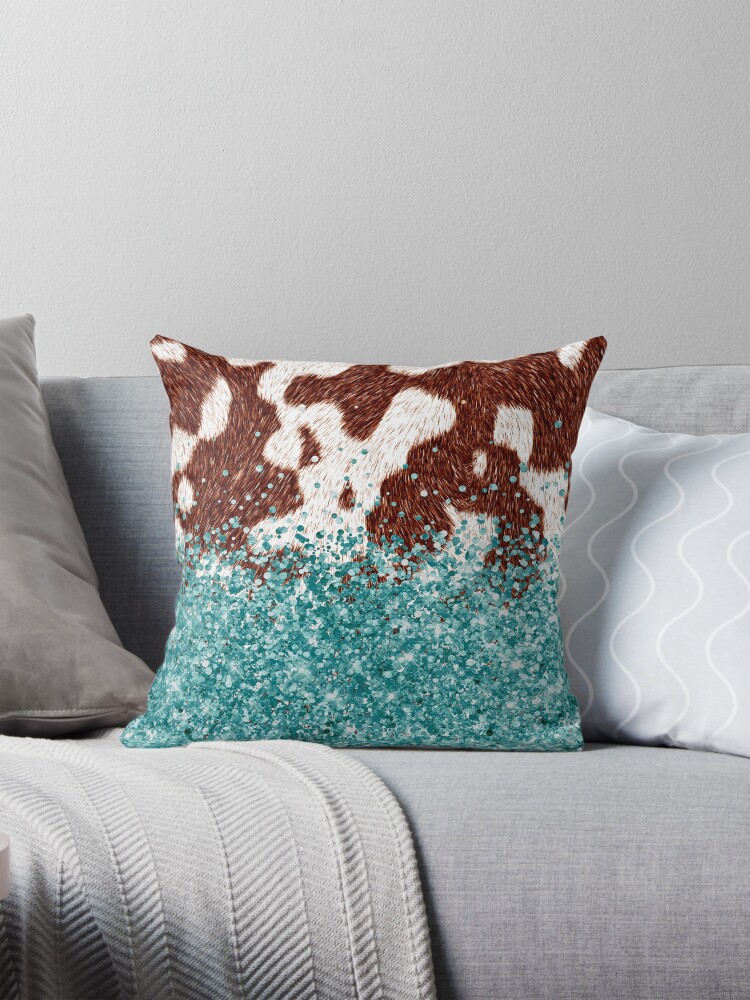 Turqoise Teal and Brown Cowhide Western Cowgirl Glitter Pillow for Sale by ElishaKayne Redbubble