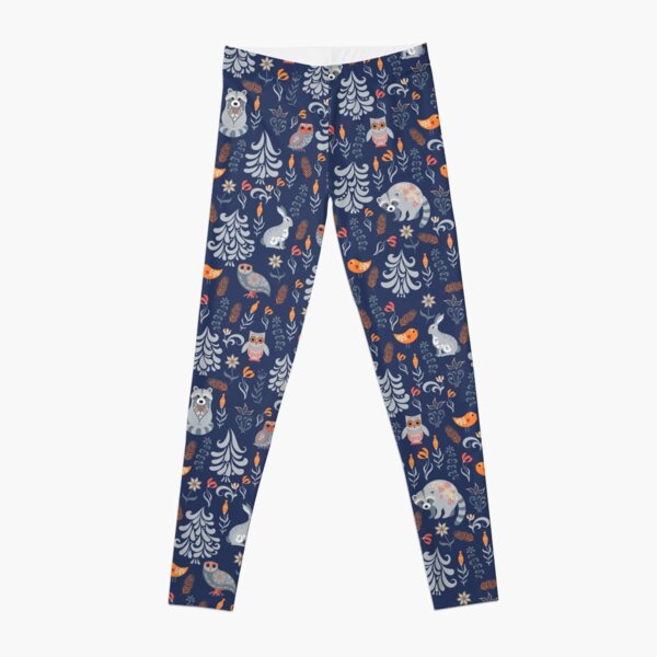 Fairy forest with animals and birds. Raccoons, owls, bunnies and little chick. Leggings