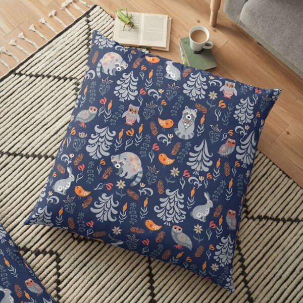 Fairy forest with animals and birds. Raccoons, owls, bunnies and little chick. Floor Pillow