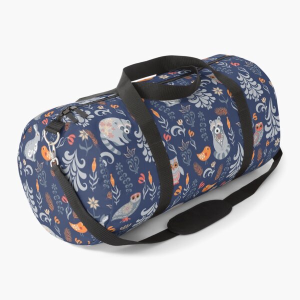 Fairy forest with animals and birds. Raccoons, owls, bunnies and little chick. Duffle Bag