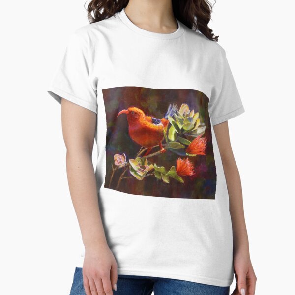 Vista previa del artículo con la obra «Pájaro hawaiano de Iiwi y flores rojas de Ohia Lehua - fauna tropical», diseñado y vendido por Karen Whitworth.