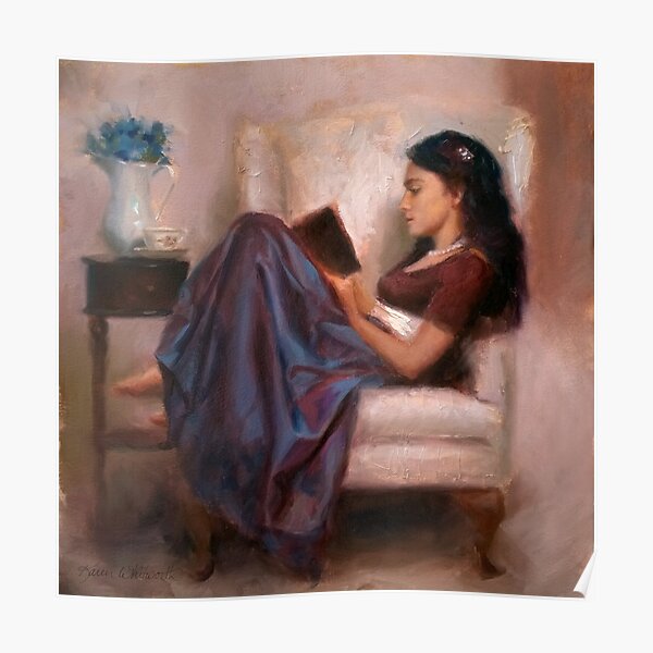 Portrait of woman reading a book in a comfy chair Poster