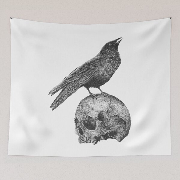 Item preview, Original hand drawn tattoo black crow on skull fine art designed and sold by MoodDum.