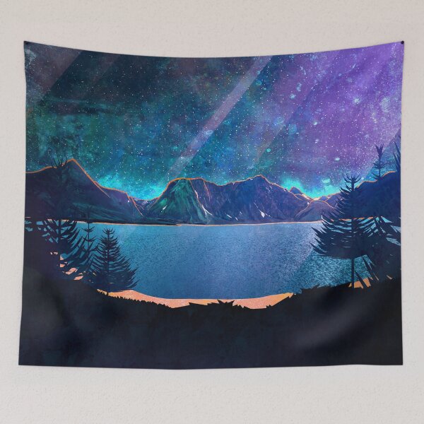 Aperçu de l'œuvre Magic Mountain Lake avec des étoiles - paysage abstrait créée et vendue par Spectokular.