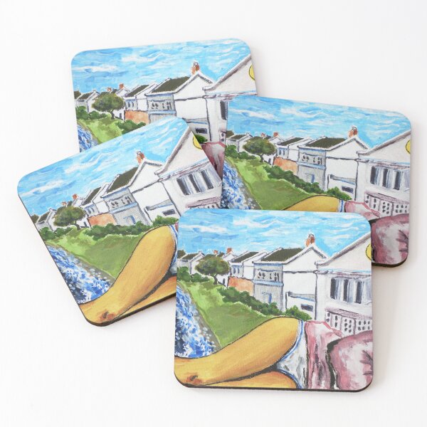 Item preview, a girl in shorts and a sweater lies on a tiny street and is washed away by a wave designed and sold by Isakova-nebesi.