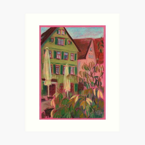 Green House in Esslingen-am-Nekkar, Germany Cityscape Landscape Pastel Art Print