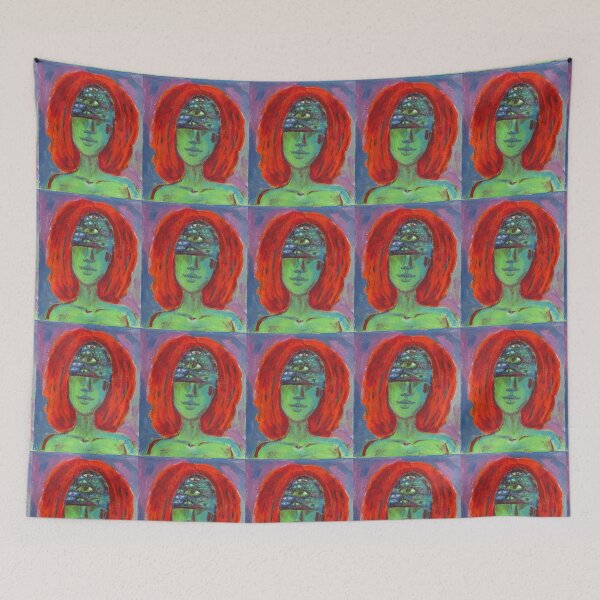 Item preview, a red-haired girl with green skin and a large number of eyes smiles designed and sold by Isakova-nebesi.