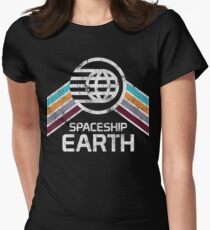 Vintage Spaceship Earth with Distressed Logo in Retro Style Women's Fitted T-Shirt