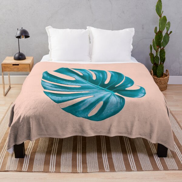 Item preview, Teal Blue Monstera Deliciosa on Pastel Coral Pink Background designed and sold by thelustrous.