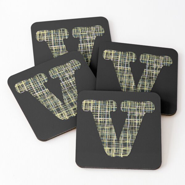 Item preview, V Alphabet Letter Yellow Lines Black Grid Monogram designed and sold by AMSonArt.