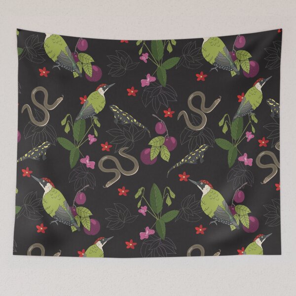 Item preview, Green woodpecker, salamander, slow worm, plums and flowers, a pattern inspired by forest trips in the Czech Republic. Large pattern designed and sold by Naty Design Prague.