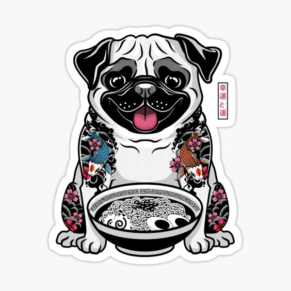 Pug ramen with Japanese tattoo Sticker