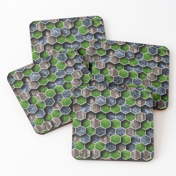 Item preview, 3D feel hexagon geometric shape pattern with black rock, wood and green nature texture tiles designed and sold by CiniArt.