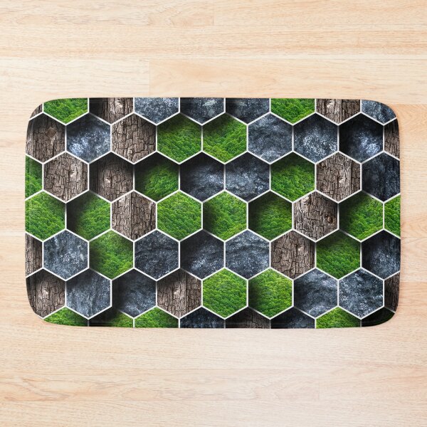 Item preview, 3D feel hexagon geometric shape pattern with black rock, wood and green nature texture tiles designed and sold by CiniArt.