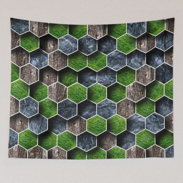 Item preview, 3D feel hexagon geometric shape pattern with black rock, wood and green nature texture tiles designed and sold by CiniArt.