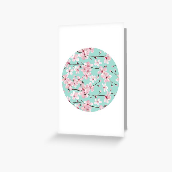 cherry blossom on mint, pink cherry blossom watercolor Greeting Card