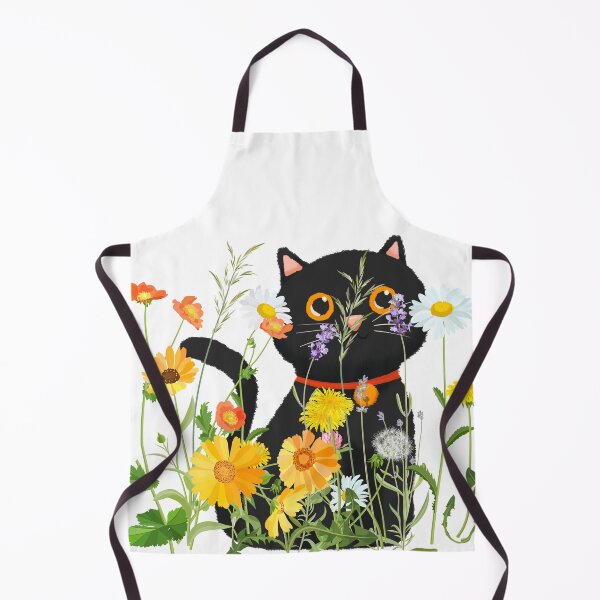 Black Cat Peeking through Orange, Yellow, Purple and White Spring Wildflowers Apron