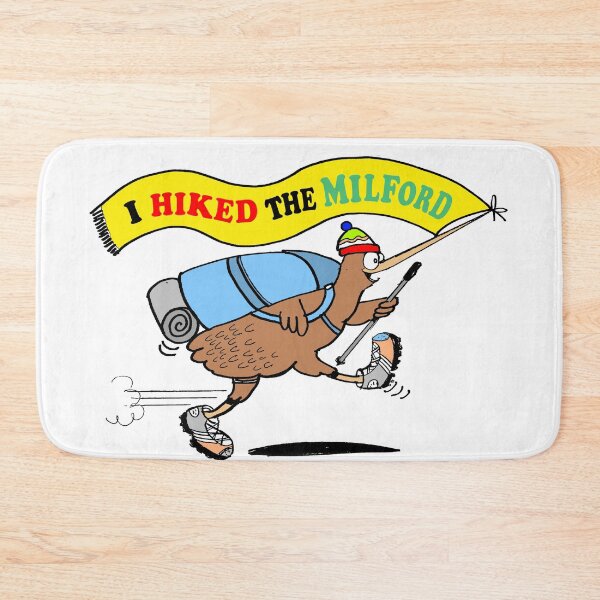 Item preview, Adorable bird cartoon kiwi hiker carrying Milford track flag designed and sold by Al Benge - NZ & Australian Art.