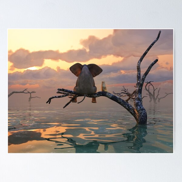 Item preview, elephant and dog sit on a tree during a flood 2 designed and sold by Mike Kiev art.