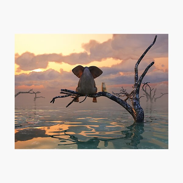 Item preview, elephant and dog sit on a tree during a flood 2 designed and sold by Mike Kiev art.