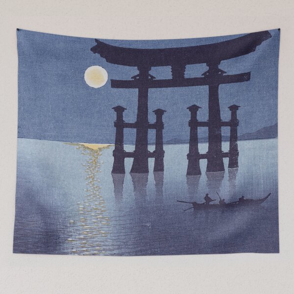 Item preview, Japanese traditional painting, blue night with moon reflections and fishermen. designed and sold by angelisart.