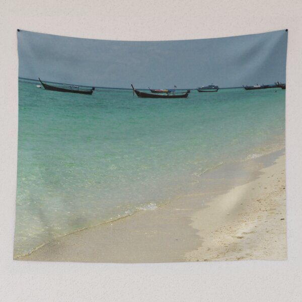 Item preview, Sandy beach, turquoise water and long tail boats in Thailand - tropical beach designed and sold by Designbyfia.