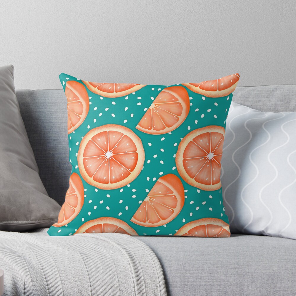 Summer Grapefruit on Teal Throw Pillow