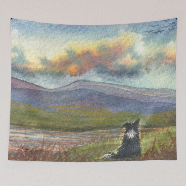 Item preview, Border collie dog meditates on the hills and mountains before him designed and sold by SusanAlisonArt.