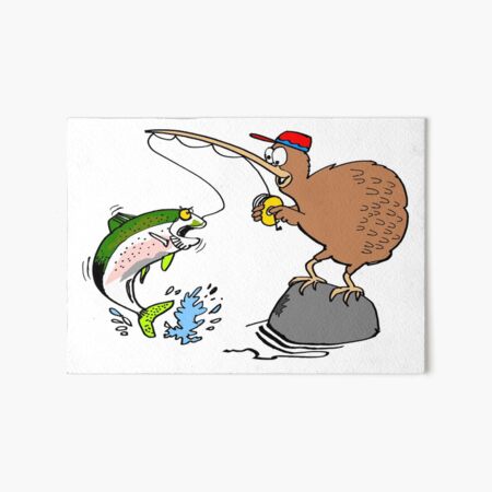 Adorable kiwi bird cartoon fishing for trout in New Zealand Art Board  Print for Sale by Al Benge