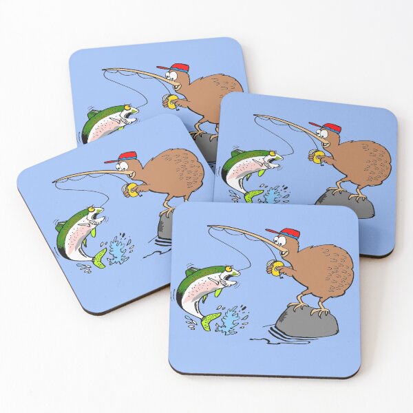 Item preview, Adorable kiwi bird cartoon fishing for trout in New Zealand designed and sold by Al Benge - NZ & Australian Art.