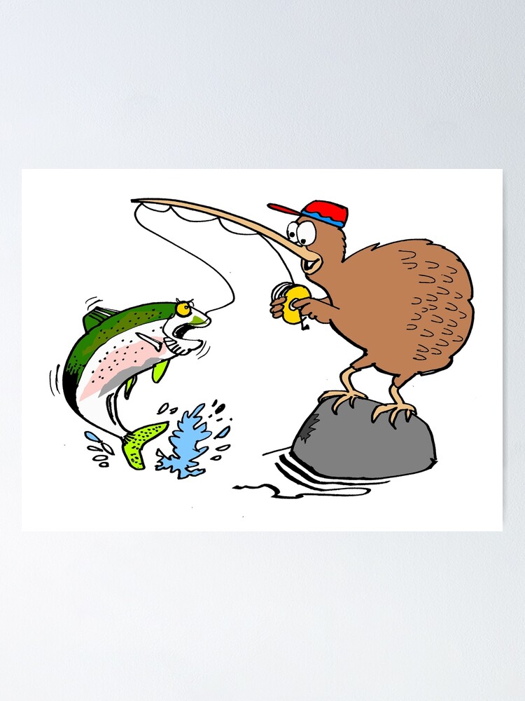 Adorable kiwi bird cartoon fishing for trout in New Zealand Poster for  Sale by Al Benge