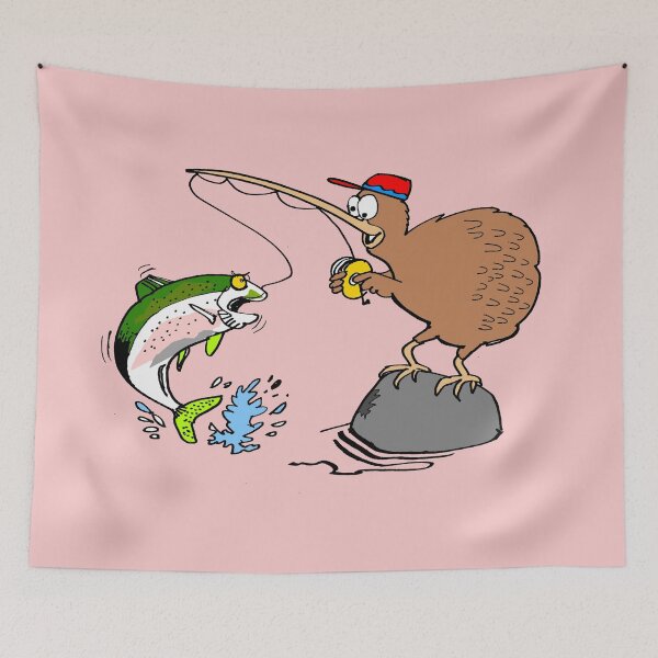 Item preview, Adorable kiwi bird cartoon fishing for trout in New Zealand designed and sold by Al Benge.