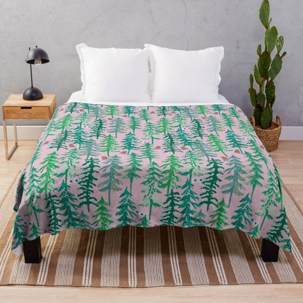 Where's Sasquatch? Designer Print Pink Green Fir Pine Trees Yeti Big Foot Throw Blanket